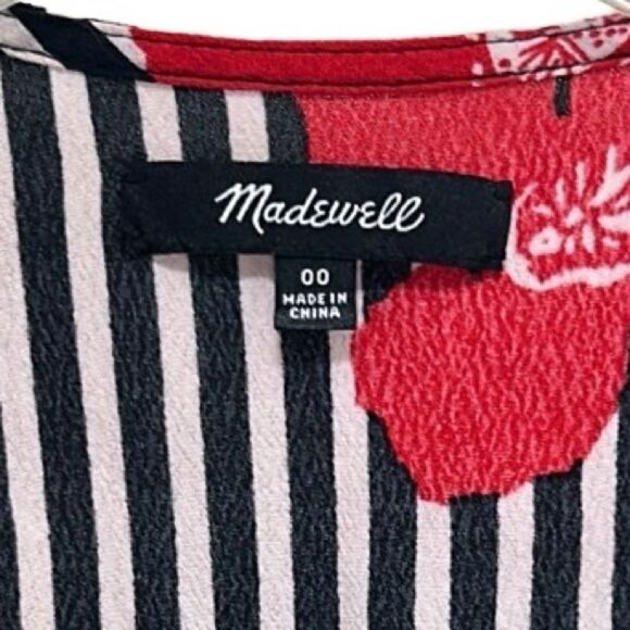 Madewell - Mini Ruffle Wrap Dress, Striped Floral - Size 00, Black, White, Red - Picture 15 of 16